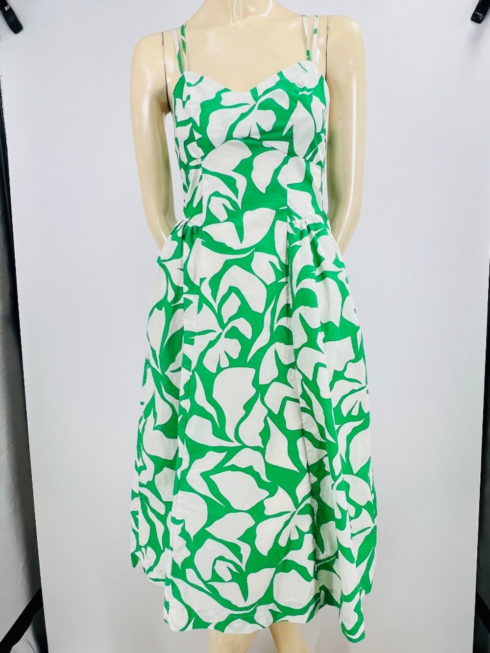 a new day 100% Cotton Fern Pattern Strap Midi Sun Dress XS Smocked Pockets Vaca